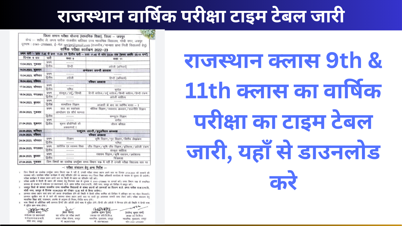 Rajasthan Board Class 9th 11th Time Table 2023